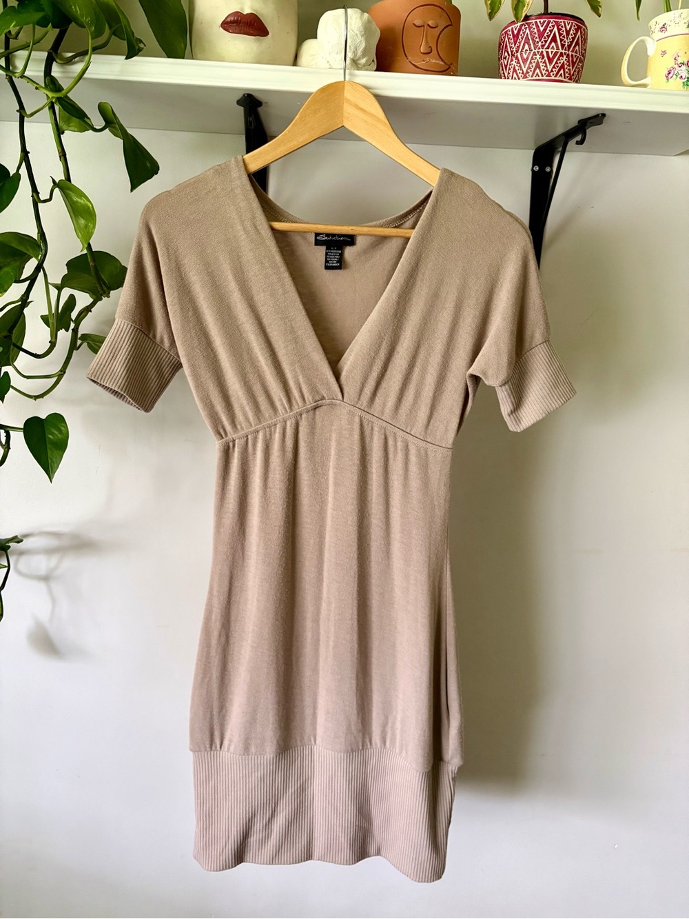 Y2K Taupe V-Neck Knit Dress